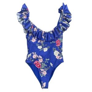 Lovers + Friends Flutter By One Piece Swimsuit Ruffle Floral Blue Size Small
